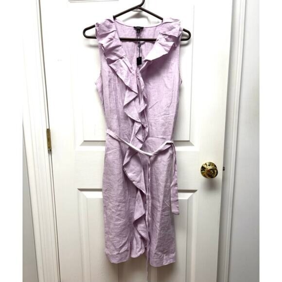 NWT Talbots Linen Dress, Lavender Ruffle Neck, Sleeveless V Neck, Women's Size 8 - Picture 1 of 6